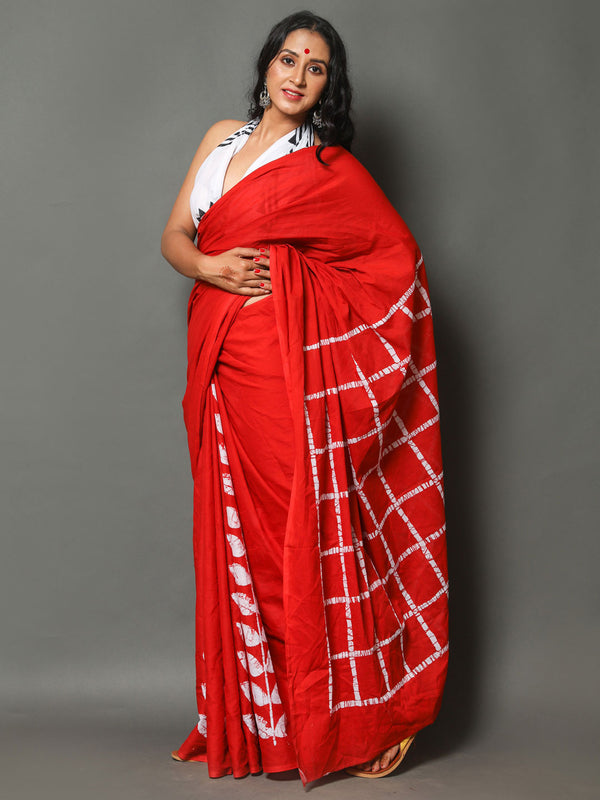 Red & White Printed Cotton Saree for Women