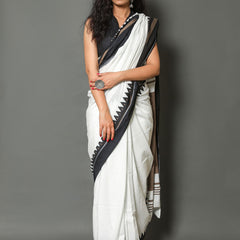 White & Black Pure Cotton Saree for Women