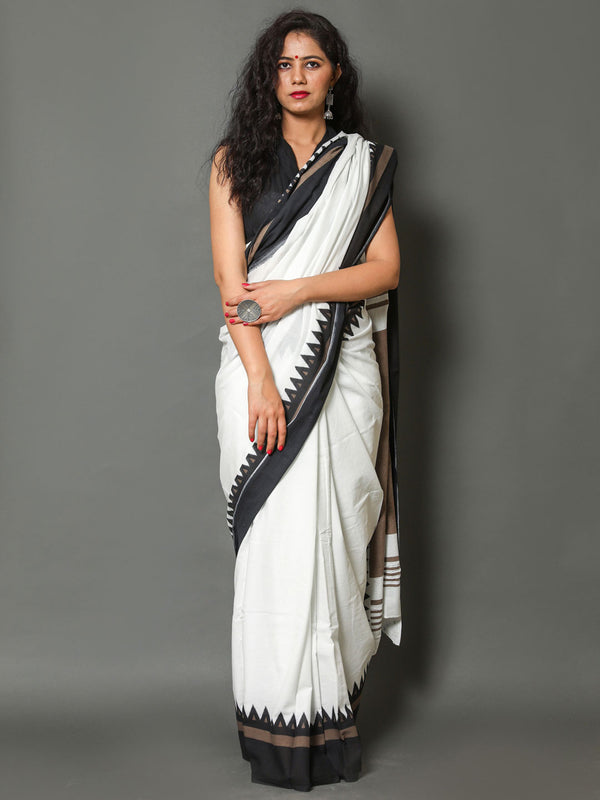 White & Black Pure Cotton Saree for Women