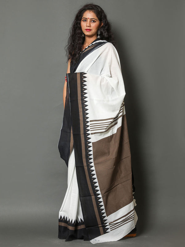 White & Black Pure Cotton Saree for Women