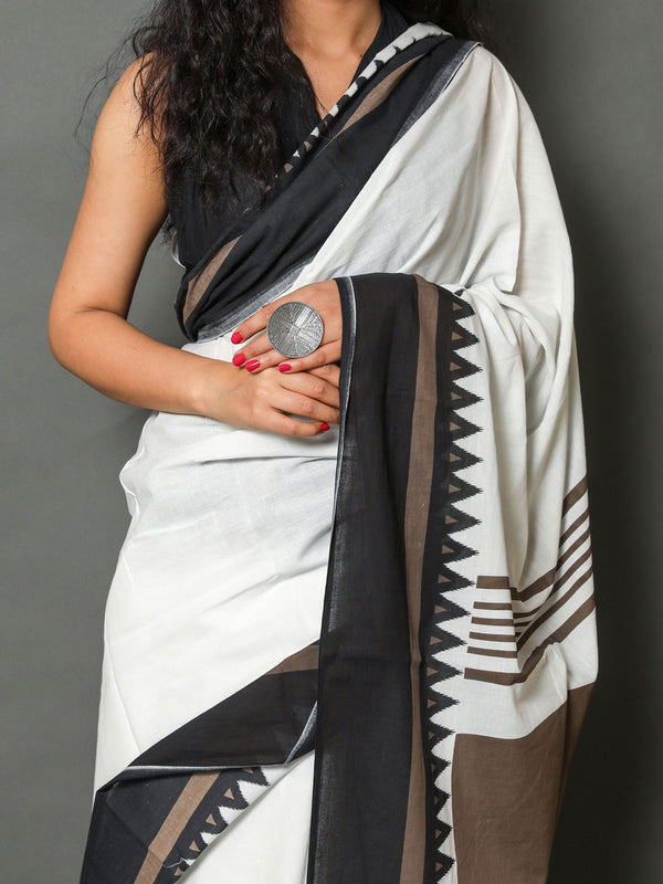 White & Black Pure Cotton Saree for Women