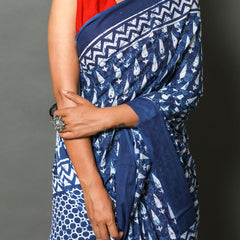 Blue & White Ethnic Motif Printed Cotton Saree for Women