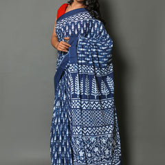 Blue & White Ethnic Motif Printed Cotton Saree for Women