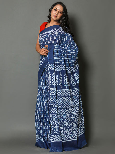Blue & White Ethnic Motif Printed Cotton Saree for Women