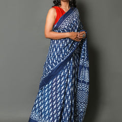 Blue & White Ethnic Motif Printed Cotton Saree for Women