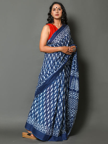 Blue & White Ethnic Motif Printed Cotton Saree for Women