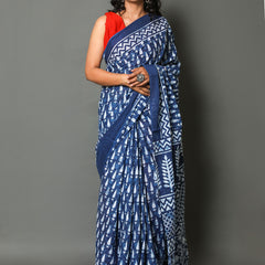 Blue & White Ethnic Motif Printed Cotton Saree for Women
