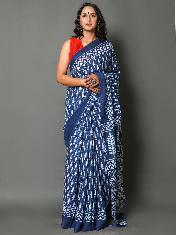 Blue & White Ethnic Motif Printed Cotton Saree for Women