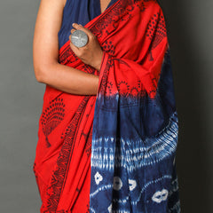 Red & Blue Ethnic Motif Printed Cotton Saree