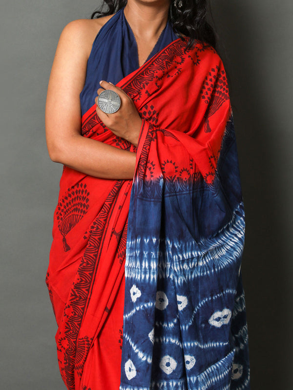 Red & Blue Ethnic Motif Printed Cotton Saree