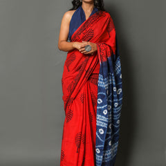 Red & Blue Ethnic Motif Printed Cotton Saree