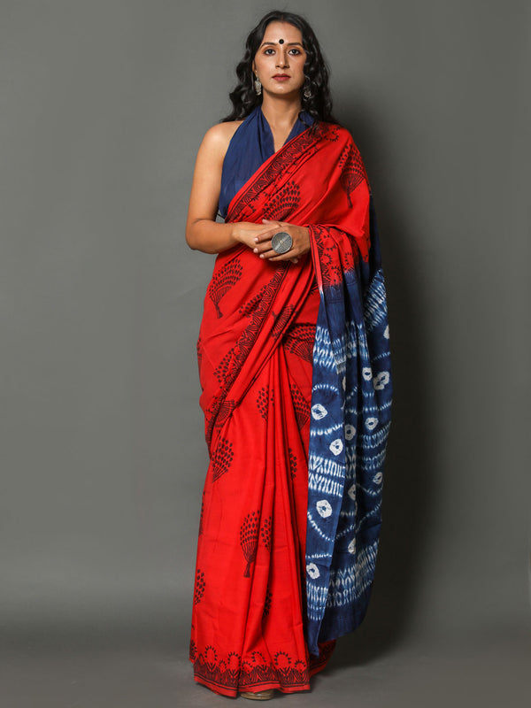 Red & Blue Ethnic Motif Printed Cotton Saree
