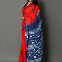 Red & Blue Ethnic Motif Printed Cotton Saree