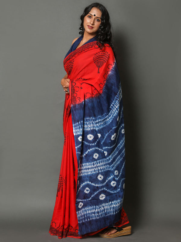 Red & Blue Ethnic Motif Printed Cotton Saree
