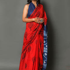 Red & Blue Ethnic Motif Printed Cotton Saree