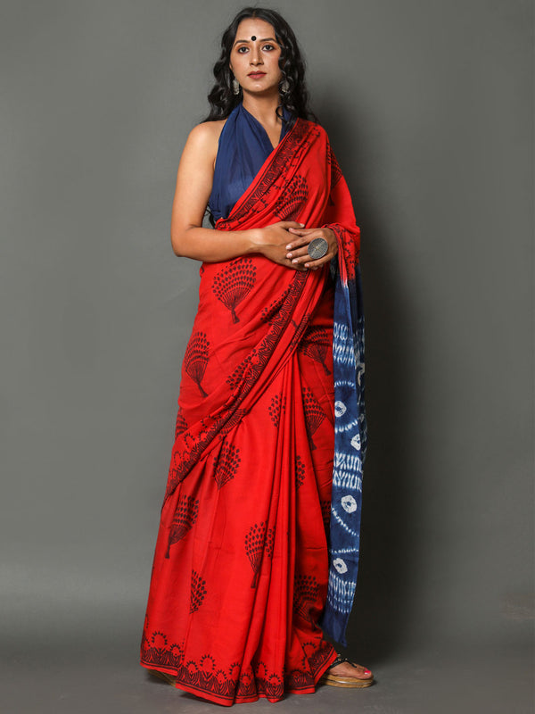 Red & Blue Ethnic Motif Printed Cotton Saree