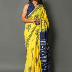 Yellow & Blue Floral Printed Cotton Saree for Women