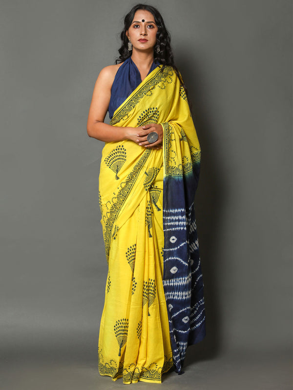 Yellow & Blue Floral Printed Cotton Saree for Women