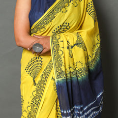 Yellow & Blue Floral Printed Cotton Saree for Women