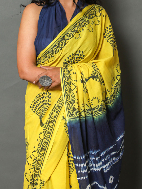 Yellow & Blue Floral Printed Cotton Saree for Women