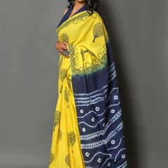 Yellow & Blue Floral Printed Cotton Saree for Women