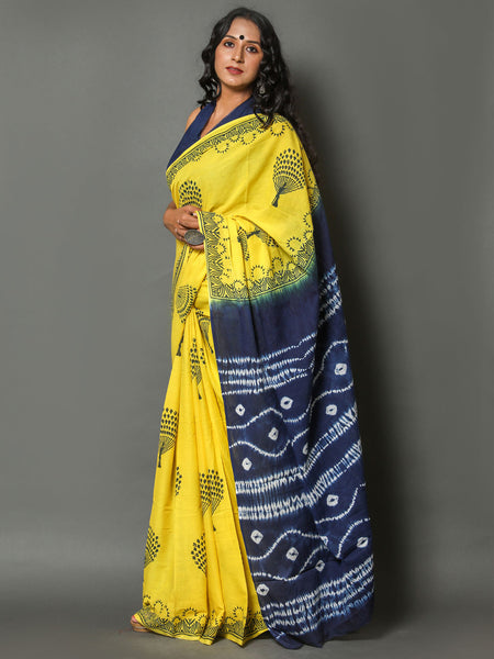 Yellow & Blue Floral Printed Cotton Saree for Women