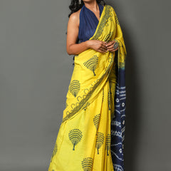 Yellow & Blue Floral Printed Cotton Saree for Women