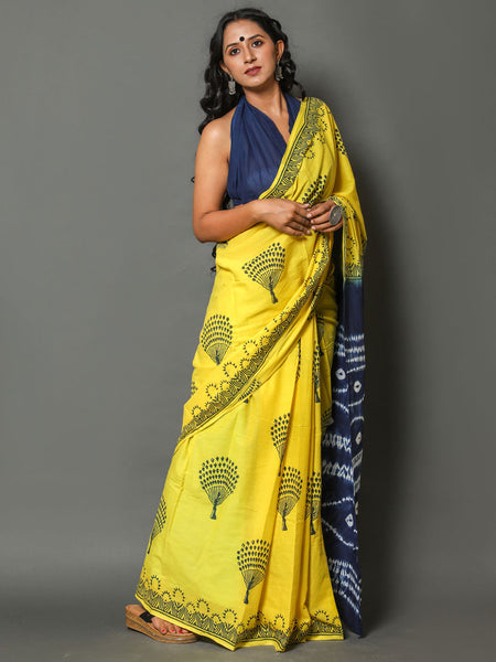 Yellow & Blue Floral Printed Cotton Saree for Women