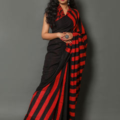 Black & Red Striped Cotton Saree for Women