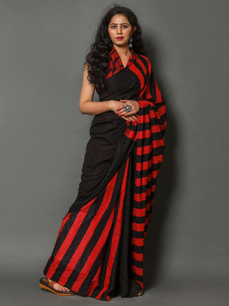 Black & Red Striped Cotton Saree for Women
