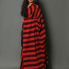 Black & Red Striped Cotton Saree for Women