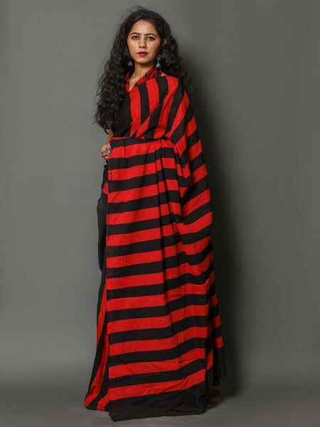 Black & Red Striped Cotton Saree for Women