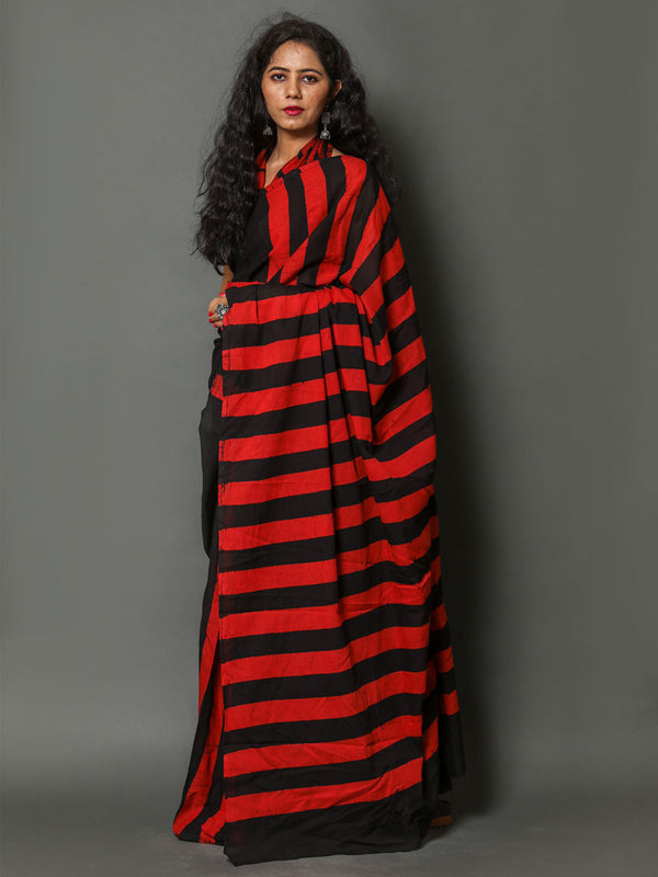 Black & Red Striped Cotton Saree for Women