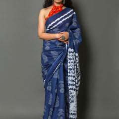 Navy Blue & White Ethnic Motif Cotton Saree for Women