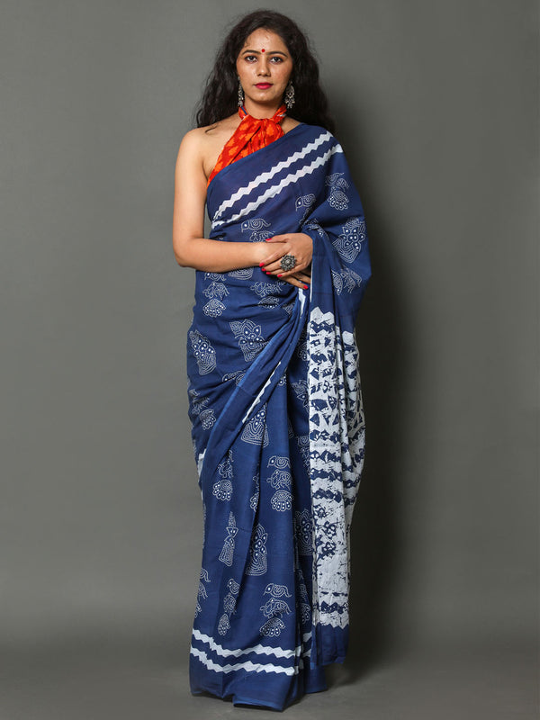 Navy Blue & White Ethnic Motif Cotton Saree for Women