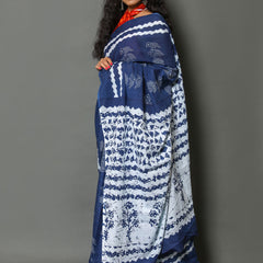 Navy Blue & White Ethnic Motif Cotton Saree for Women
