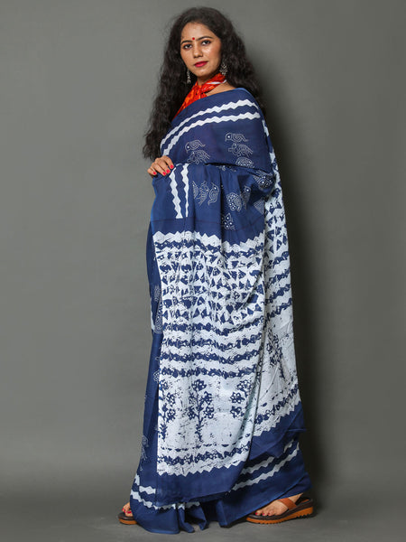 Navy Blue & White Ethnic Motif Cotton Saree for Women