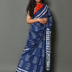 Navy Blue & White Ethnic Motif Cotton Saree for Women