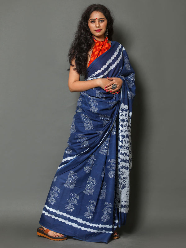 Navy Blue & White Ethnic Motif Cotton Saree for Women