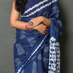 Navy Blue & White Ethnic Motif Cotton Saree for Women