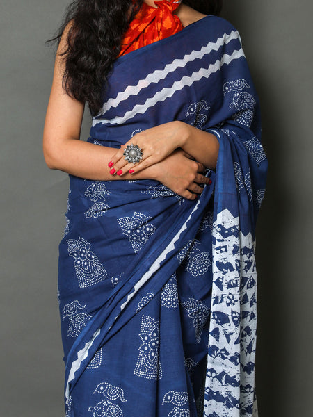 Navy Blue & White Ethnic Motif Cotton Saree for Women