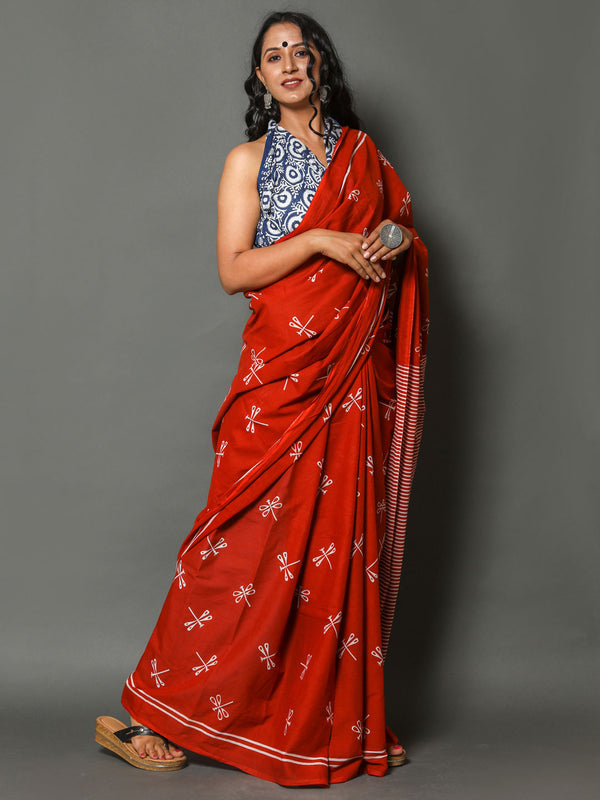 Red & White Striped Cotton Saree for Women