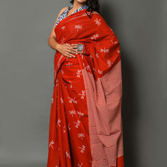 Red & White Striped Cotton Saree for Women