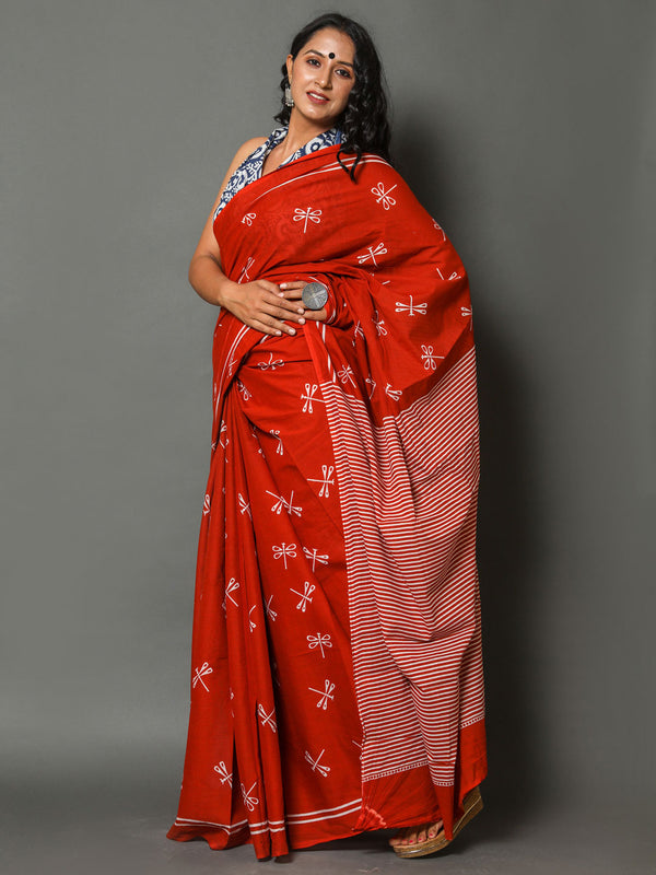 Red & White Striped Cotton Saree for Women