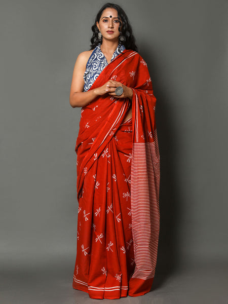 Red & White Striped Cotton Saree for Women