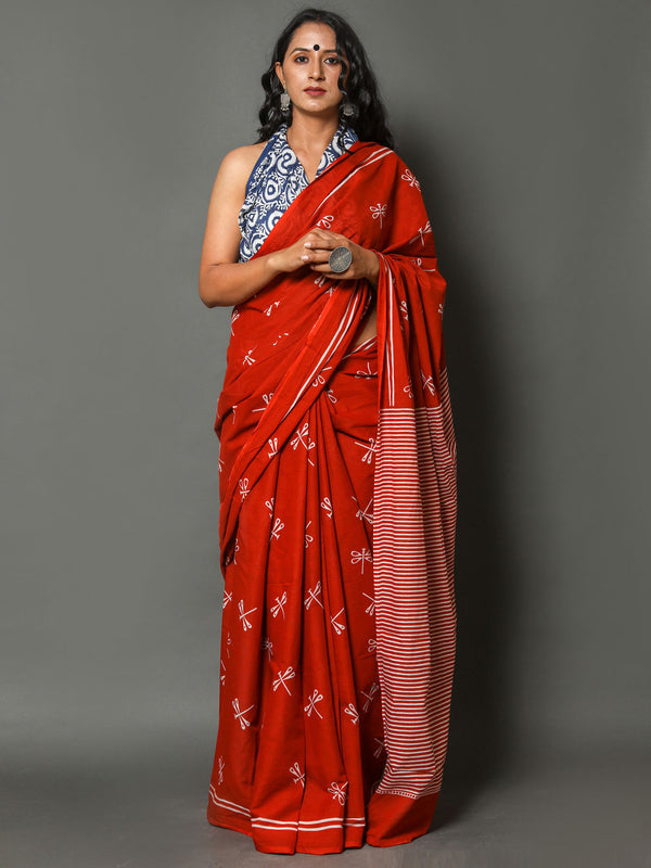 Red & White Striped Cotton Saree for Women