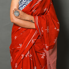 Red & White Striped Cotton Saree for Women