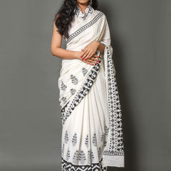 White & Black Floral Cotton Saree for Women