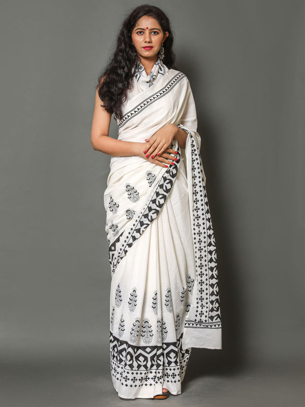 White & Black Floral Cotton Saree for Women