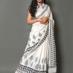 White & Black Floral Cotton Saree for Women